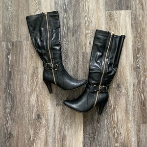 NWOT Black heeled gold buckle boots, size 7 1/2